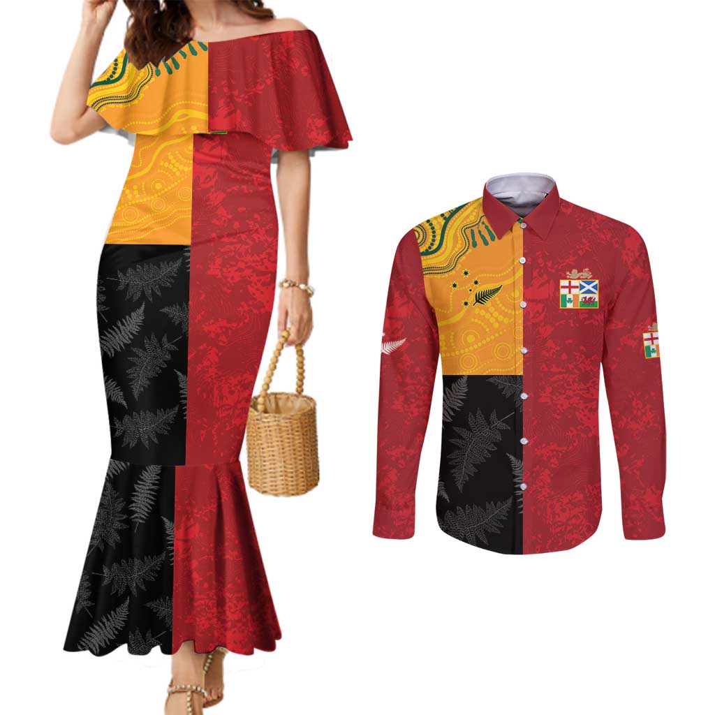 Custom British Lions-AUNZ Couples Matching Mermaid Dress and Long Sleeve Button Shirt Australia-New Zealand Indigenous Motif LT9 Red - Polynesian Pride
