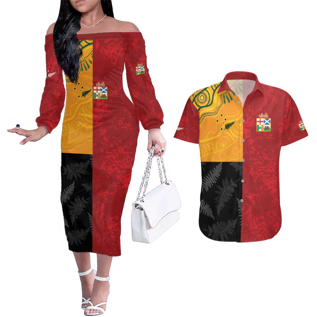Custom British Lions-AUNZ Couples Matching Off The Shoulder Long Sleeve Dress and Hawaiian Shirt Australia-New Zealand Indigenous Motif LT9 Red - Polynesian Pride