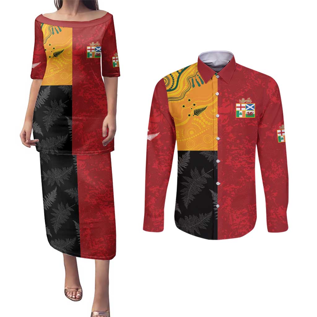 Custom British Lions-AUNZ Couples Matching Puletasi and Long Sleeve Button Shirt Australia-New Zealand Indigenous Motif LT9 Red - Polynesian Pride