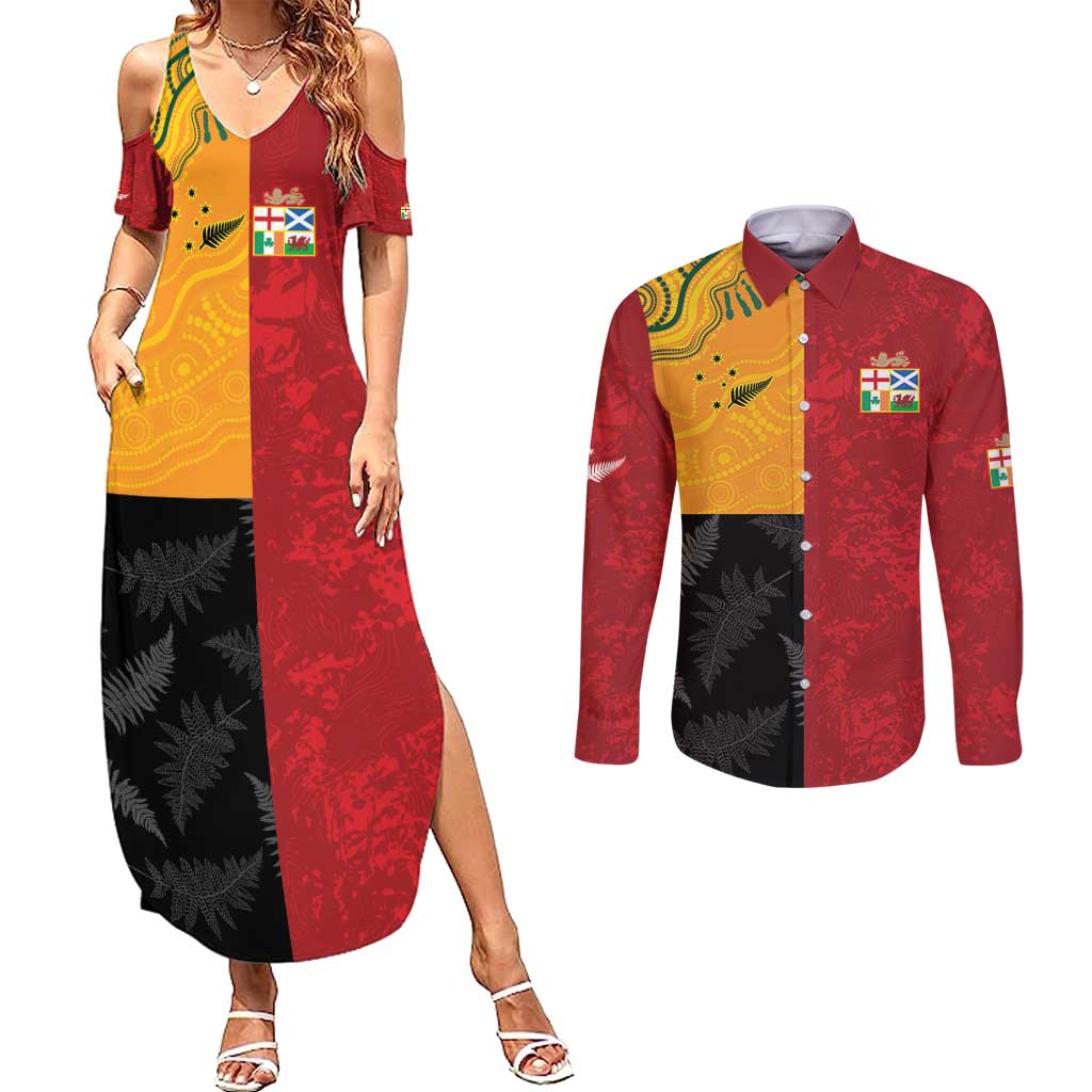 Custom British Lions-AUNZ Couples Matching Summer Maxi Dress and Long Sleeve Button Shirt Australia-New Zealand Indigenous Motif LT9 Red - Polynesian Pride