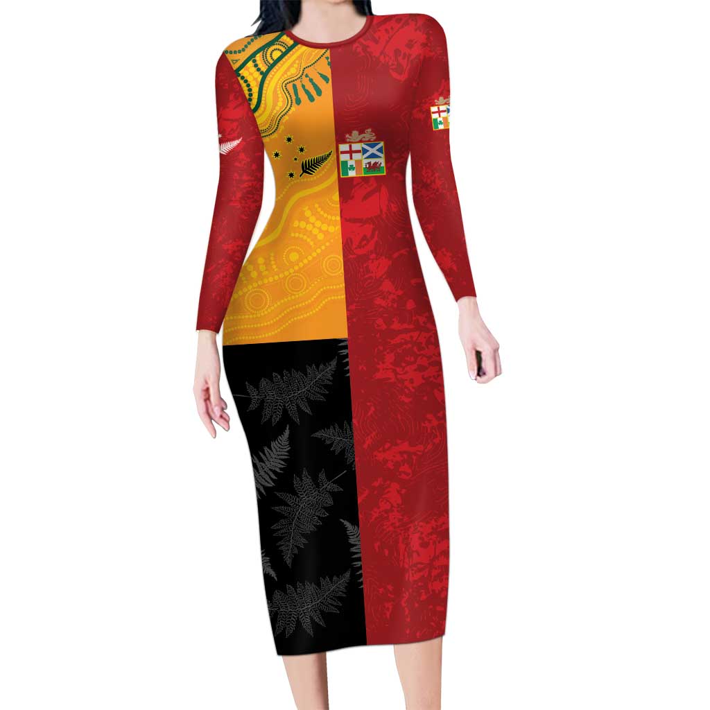 Custom British Lions-AUNZ Family Matching Long Sleeve Bodycon Dress and Hawaiian Shirt Australia-New Zealand Indigenous Motif