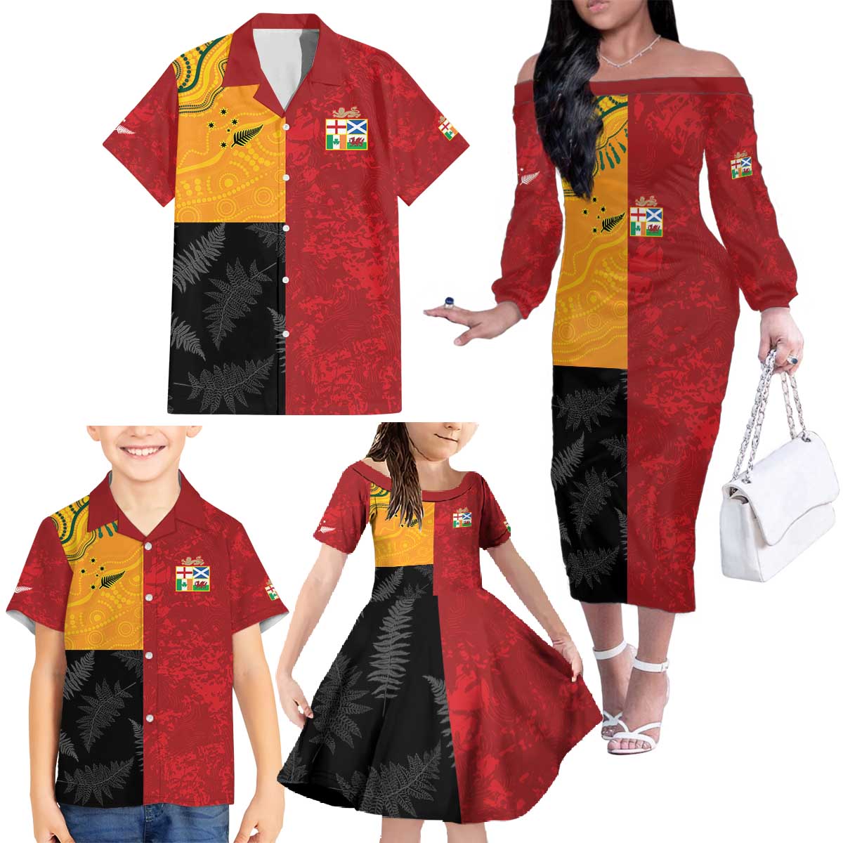 Custom British Lions-AUNZ Family Matching Off The Shoulder Long Sleeve Dress and Hawaiian Shirt Australia-New Zealand Indigenous Motif LT9 - Polynesian Pride