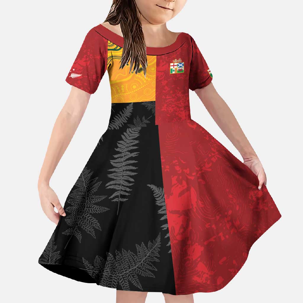 Custom British Lions-AUNZ Family Matching Short Sleeve Bodycon Dress and Hawaiian Shirt Australia-New Zealand Indigenous Motif