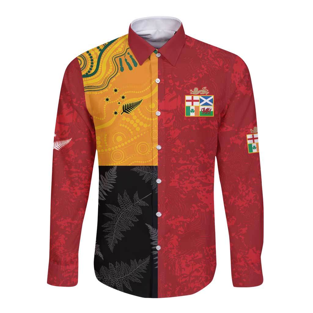 Custom British Lions-AUNZ Long Sleeve Button Shirt Australia-New Zealand Indigenous Motif LT9 Unisex Red - Polynesian Pride