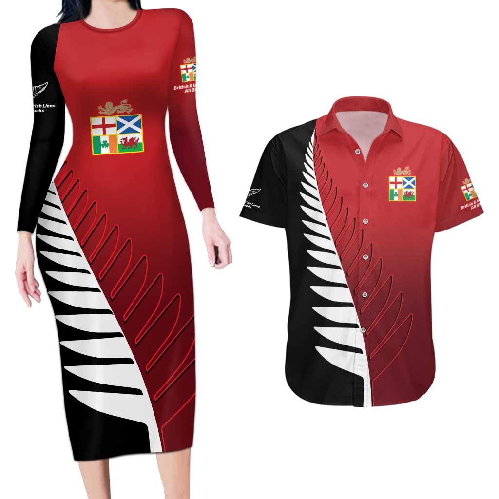 Custom British Lions New Zealand Couples Matching Long Sleeve Bodycon Dress and Hawaiian Shirt Half Black Fern LT9 Red - Polynesian Pride