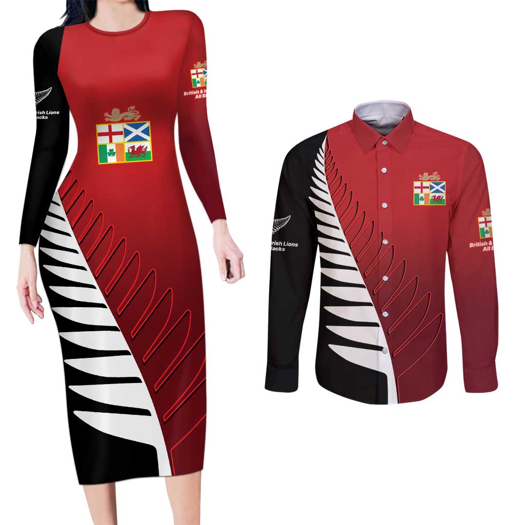 Custom British Lions New Zealand Couples Matching Long Sleeve Bodycon Dress and Long Sleeve Button Shirt Half Black Fern LT9 Red - Polynesian Pride