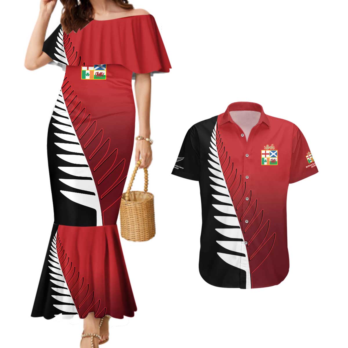 Custom British Lions New Zealand Couples Matching Mermaid Dress and Hawaiian Shirt Half Black Fern LT9 Red - Polynesian Pride