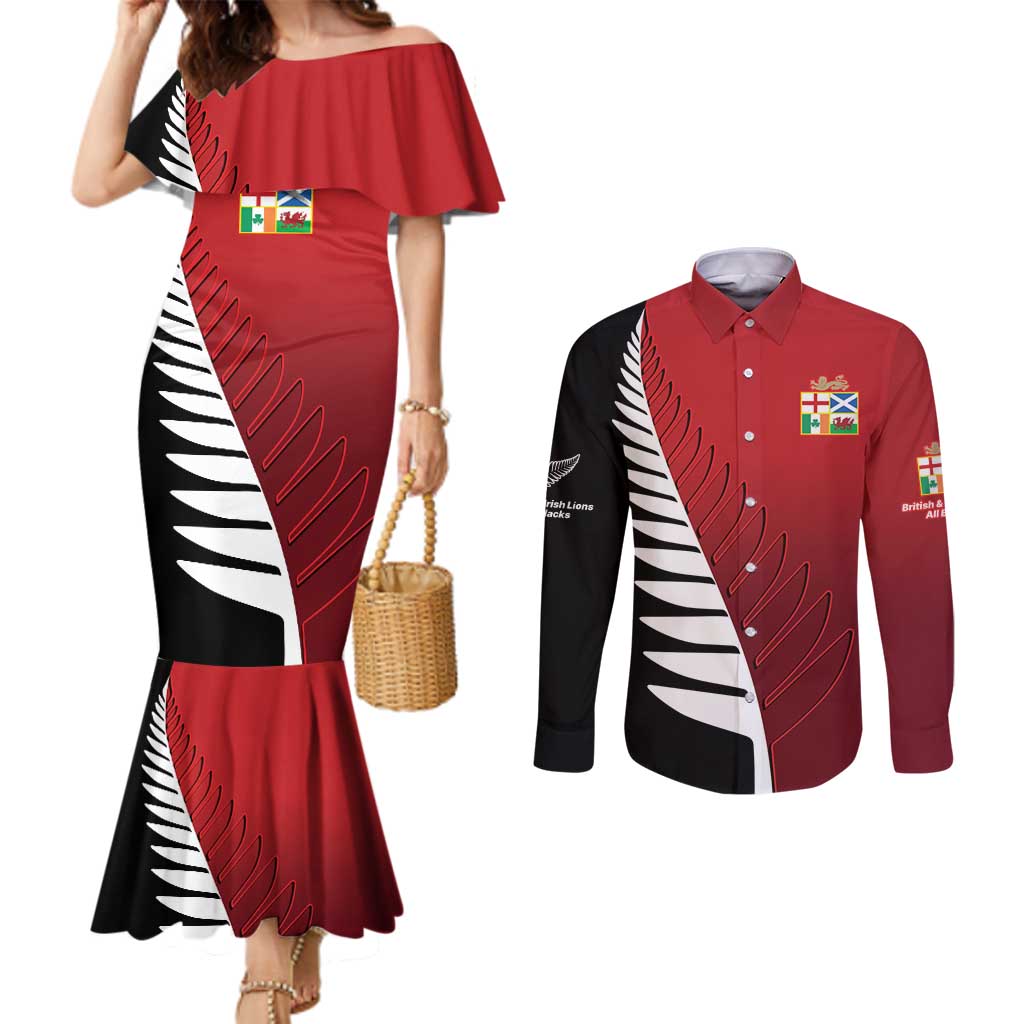 Custom British Lions New Zealand Couples Matching Mermaid Dress and Long Sleeve Button Shirt Half Black Fern LT9 Red - Polynesian Pride