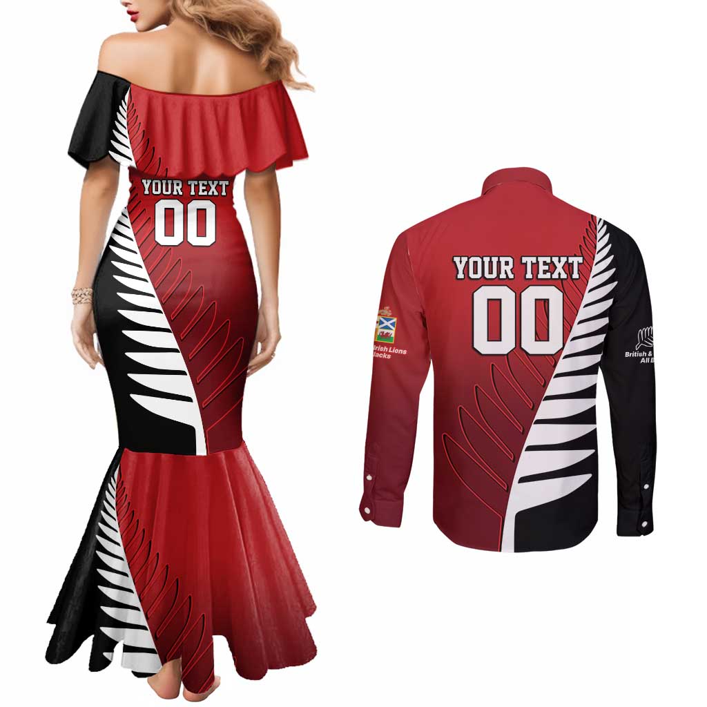 Custom British Lions New Zealand Couples Matching Mermaid Dress and Long Sleeve Button Shirt Half Black Fern LT9 - Polynesian Pride