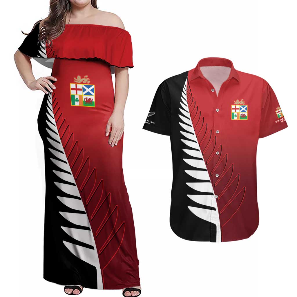 Custom British Lions New Zealand Couples Matching Off Shoulder Maxi Dress and Hawaiian Shirt Half Black Fern LT9 Red - Polynesian Pride