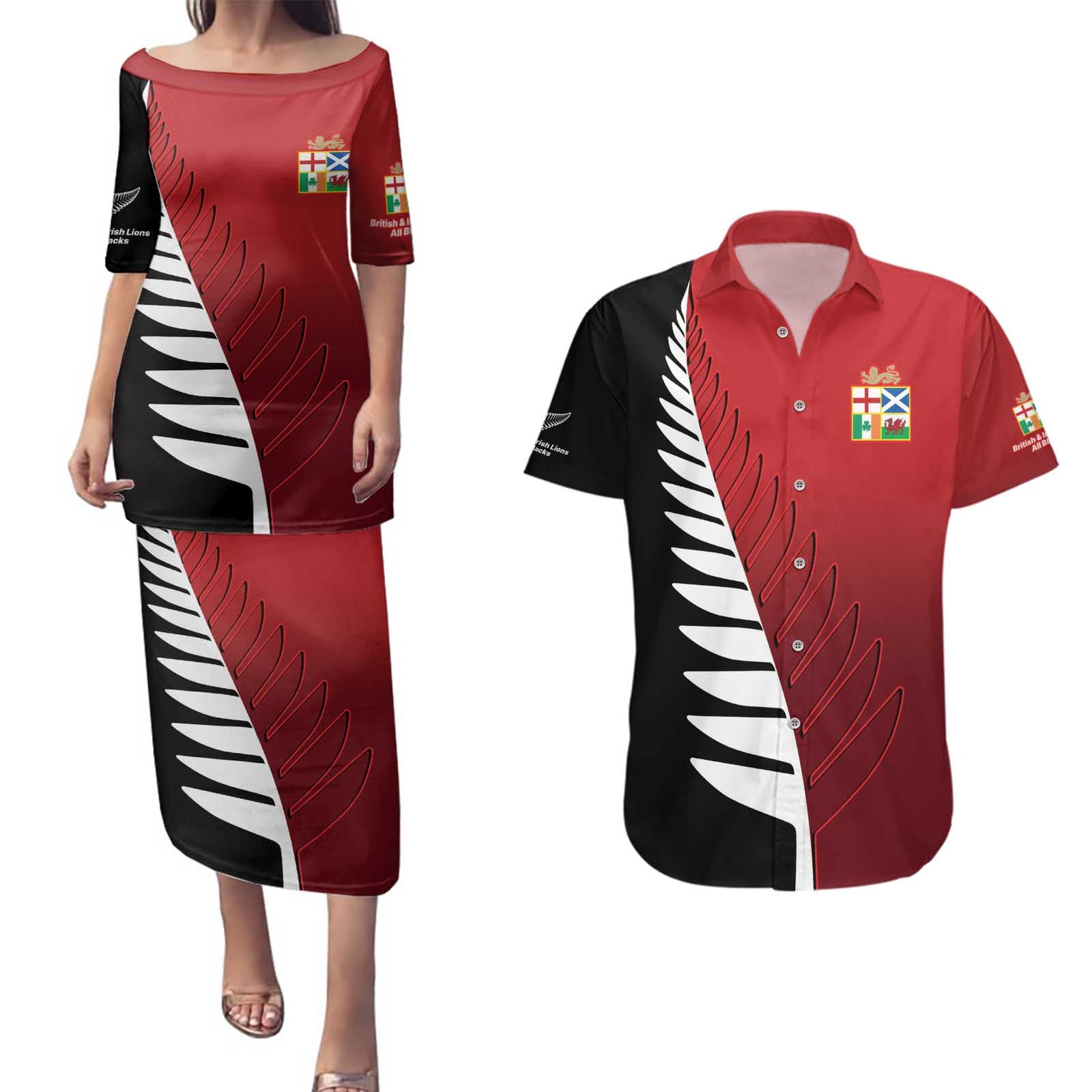 Custom British Lions New Zealand Couples Matching Puletasi and Hawaiian Shirt Half Black Fern LT9 Red - Polynesian Pride