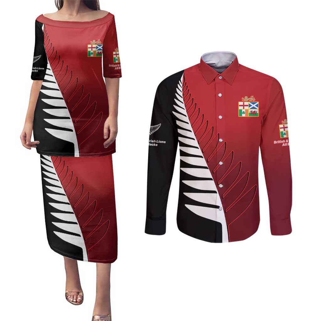 Custom British Lions New Zealand Couples Matching Puletasi and Long Sleeve Button Shirt Half Black Fern LT9 Red - Polynesian Pride