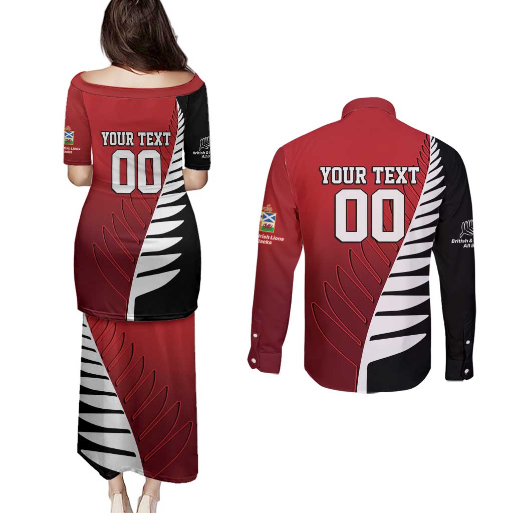 Custom British Lions New Zealand Couples Matching Puletasi and Long Sleeve Button Shirt Half Black Fern LT9 - Polynesian Pride