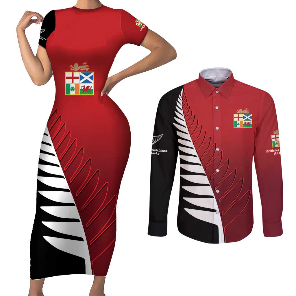 Custom British Lions New Zealand Couples Matching Short Sleeve Bodycon Dress and Long Sleeve Button Shirt Half Black Fern LT9 Red - Polynesian Pride