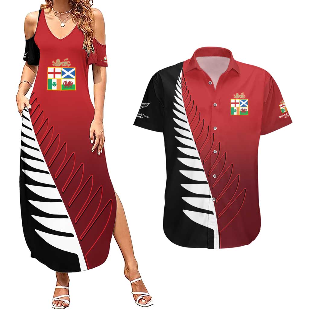 Custom British Lions New Zealand Couples Matching Summer Maxi Dress and Hawaiian Shirt Half Black Fern LT9 Red - Polynesian Pride