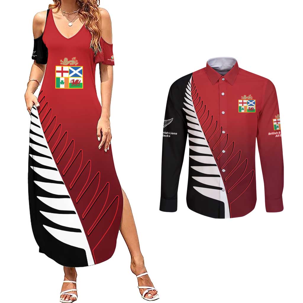 Custom British Lions New Zealand Couples Matching Summer Maxi Dress and Long Sleeve Button Shirt Half Black Fern LT9 Red - Polynesian Pride