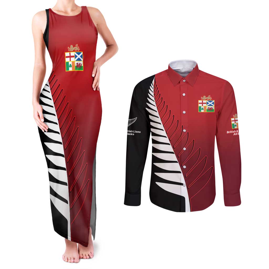 Custom British Lions New Zealand Couples Matching Tank Maxi Dress and Long Sleeve Button Shirt Half Black Fern LT9 Red - Polynesian Pride