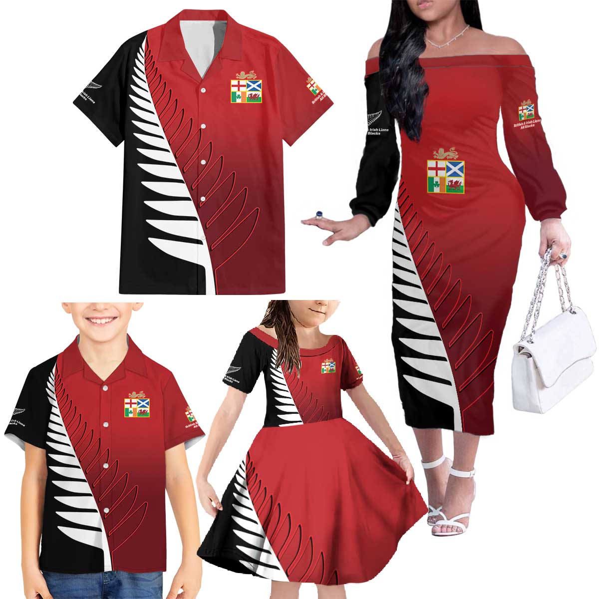Custom British Lions New Zealand Family Matching Off The Shoulder Long Sleeve Dress and Hawaiian Shirt Half Black Fern LT9 - Polynesian Pride