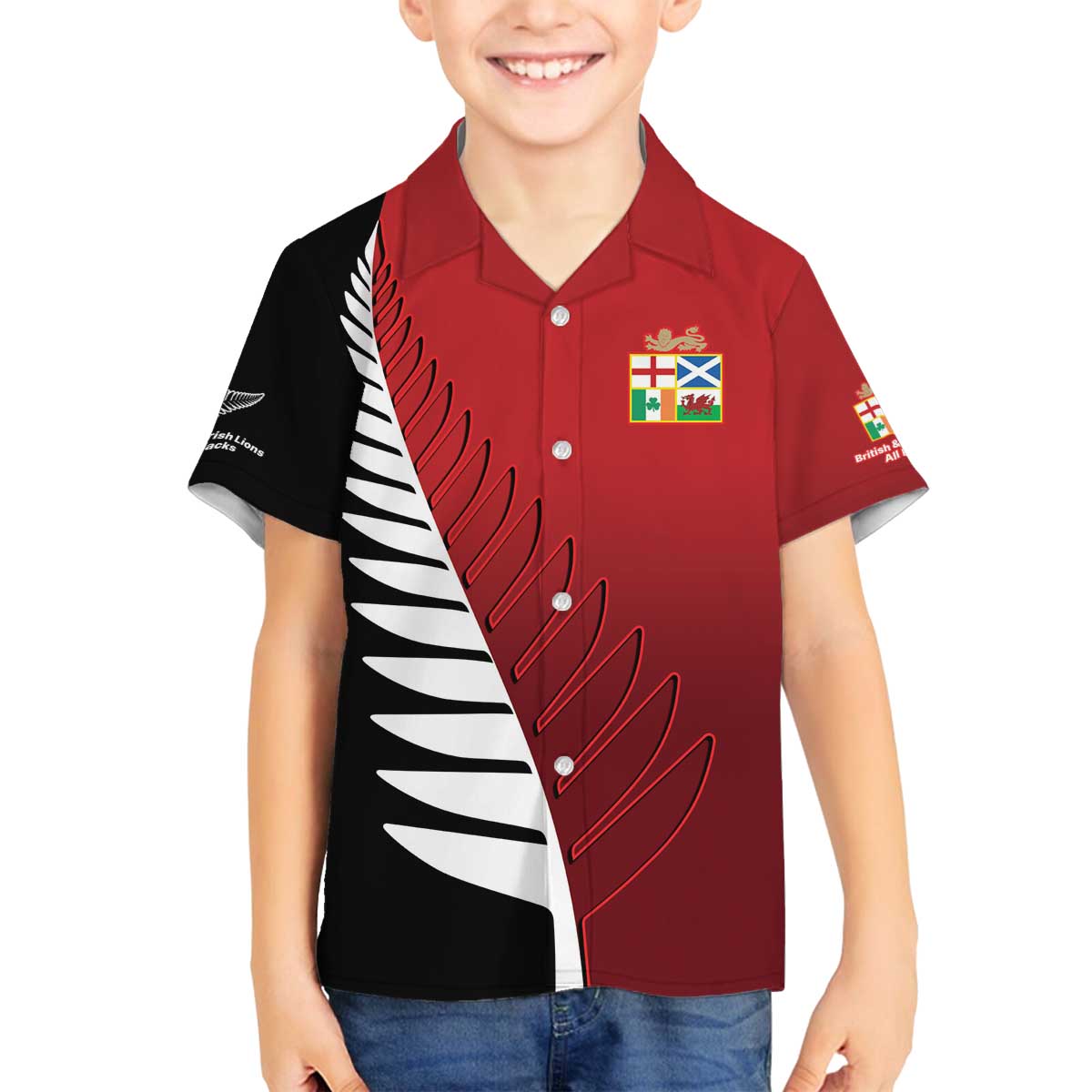 Custom British Lions New Zealand Family Matching Off The Shoulder Long Sleeve Dress and Hawaiian Shirt Half Black Fern
