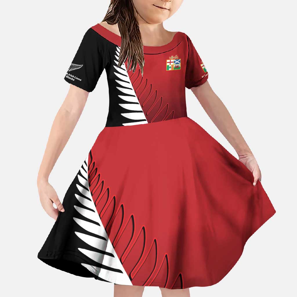 Custom British Lions New Zealand Family Matching Short Sleeve Bodycon Dress and Hawaiian Shirt Half Black Fern