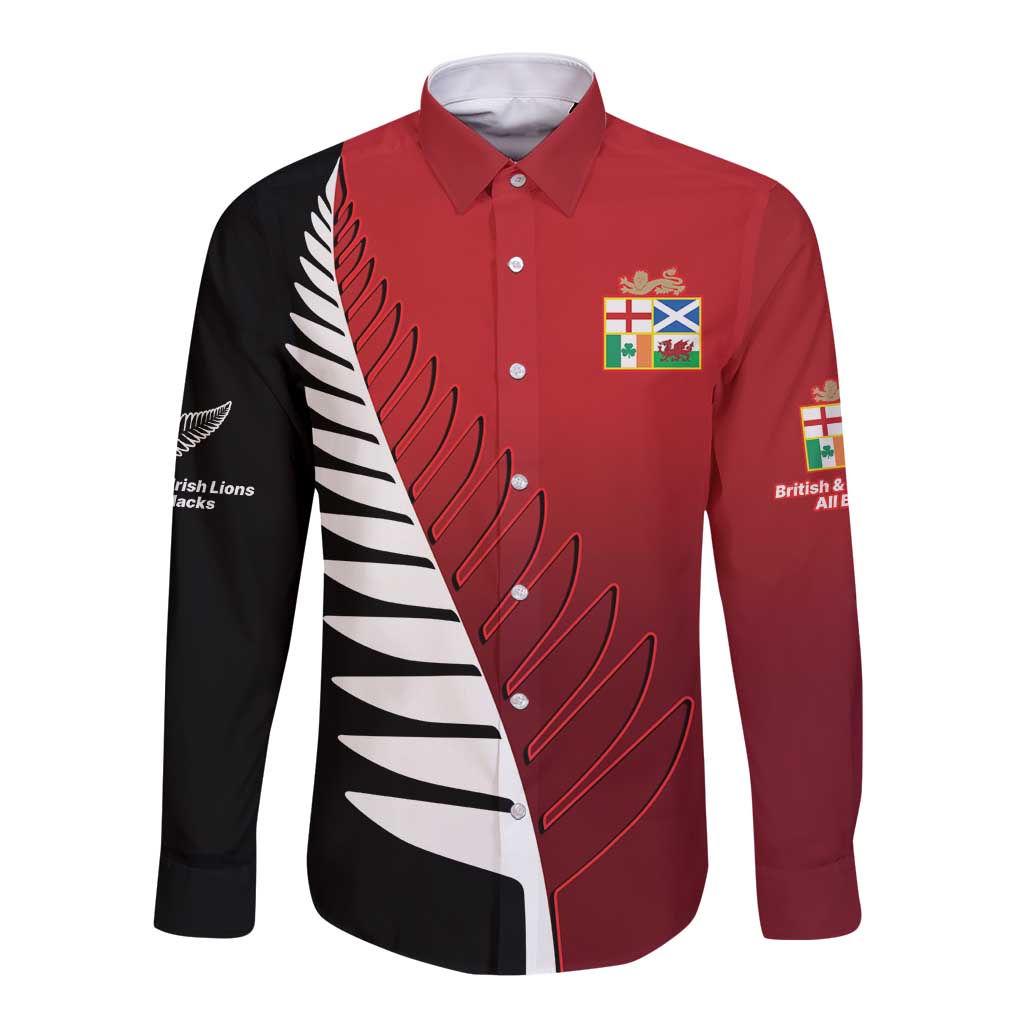 Custom British Lions New Zealand Long Sleeve Button Shirt Half Black Fern LT9 Unisex Red - Polynesian Pride
