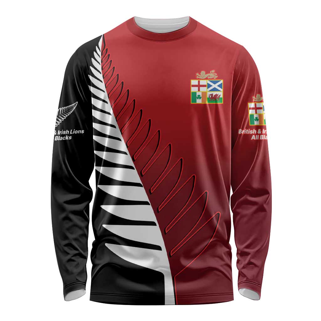 Custom British Lions New Zealand Long Sleeve Shirt Half Black Fern LT9 Unisex Red - Polynesian Pride