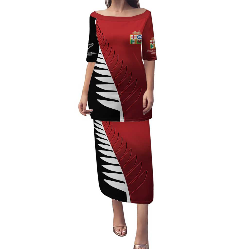 Custom British Lions New Zealand Puletasi Half Black Fern LT9 Long Dress Red - Polynesian Pride