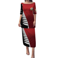 Custom British Lions New Zealand Puletasi Half Black Fern LT9 Long Dress Red - Polynesian Pride