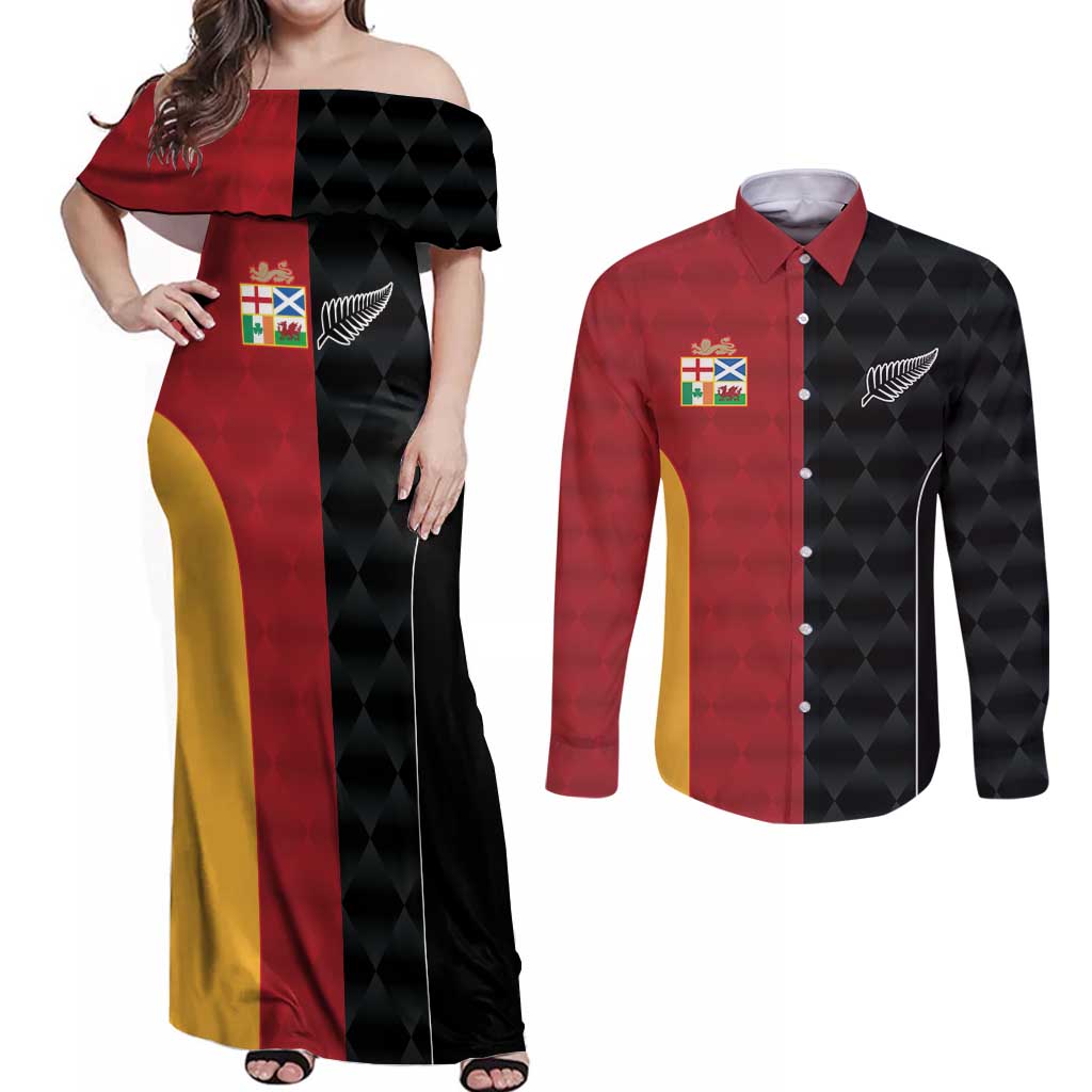 Custom British Lions New Zealand Couples Matching Off Shoulder Maxi Dress and Long Sleeve Button Shirt Sporty Style LT9 Black - Polynesian Pride