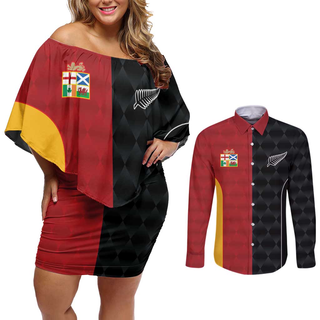 Custom British Lions New Zealand Couples Matching Off Shoulder Short Dress and Long Sleeve Button Shirt Sporty Style LT9 Black - Polynesian Pride