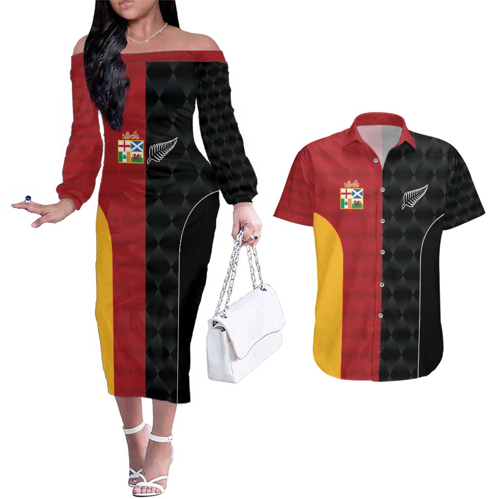 Custom British Lions New Zealand Couples Matching Off The Shoulder Long Sleeve Dress and Hawaiian Shirt Sporty Style LT9 Black - Polynesian Pride