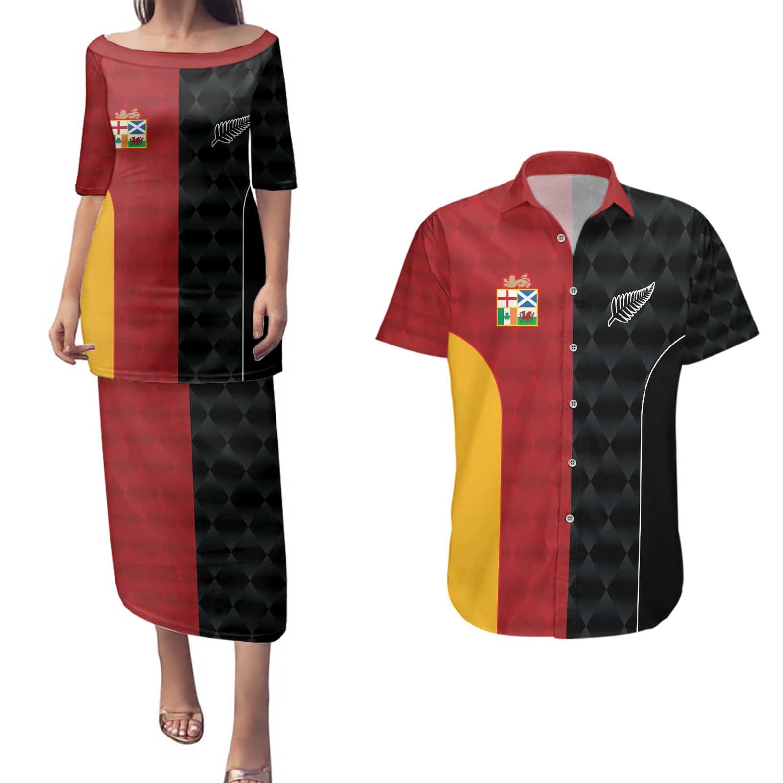 Custom British Lions New Zealand Couples Matching Puletasi and Hawaiian Shirt Sporty Style LT9 Black - Polynesian Pride