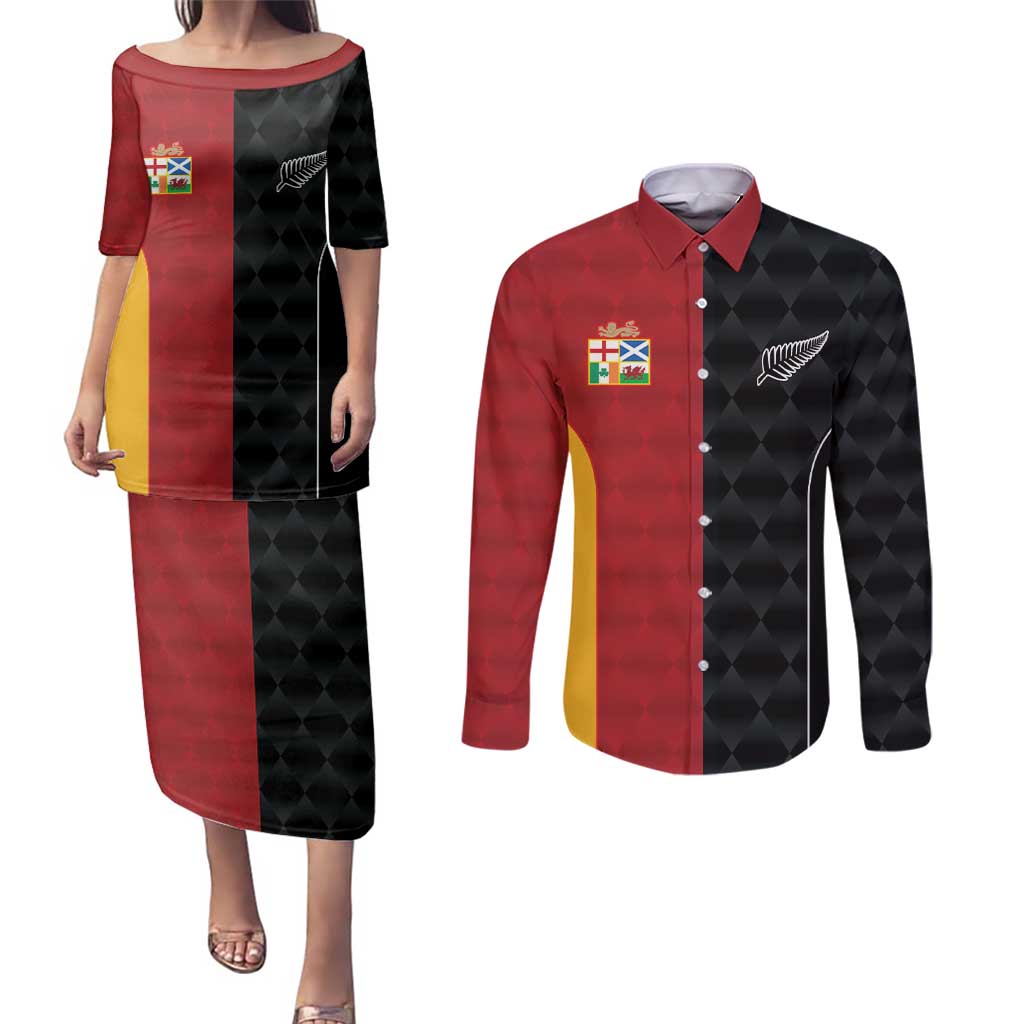 Custom British Lions New Zealand Couples Matching Puletasi and Long Sleeve Button Shirt Sporty Style LT9 Black - Polynesian Pride