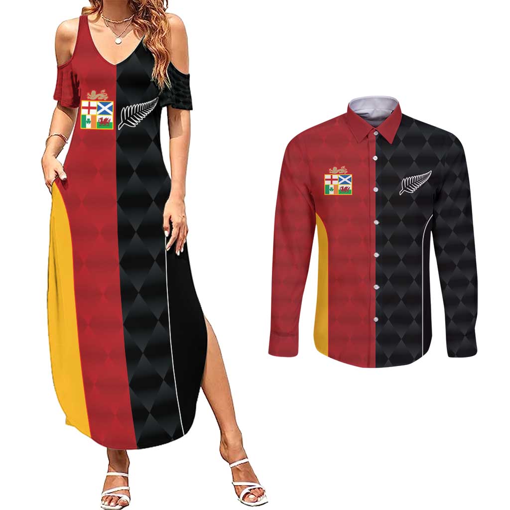 Custom British Lions New Zealand Couples Matching Summer Maxi Dress and Long Sleeve Button Shirt Sporty Style LT9 Black - Polynesian Pride