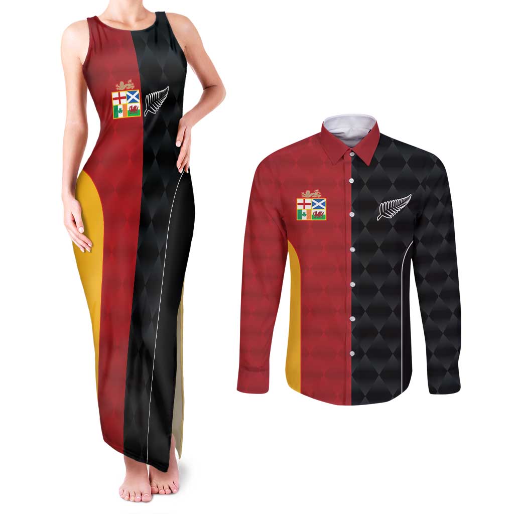 Custom British Lions New Zealand Couples Matching Tank Maxi Dress and Long Sleeve Button Shirt Sporty Style LT9 Black - Polynesian Pride