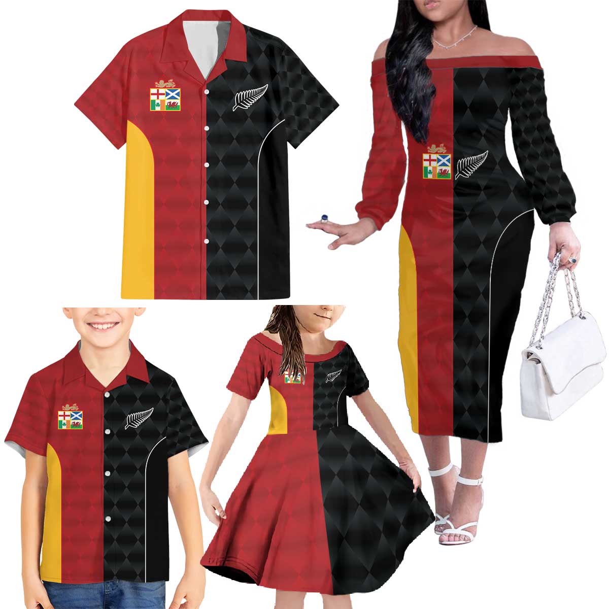 Custom British Lions New Zealand Family Matching Off The Shoulder Long Sleeve Dress and Hawaiian Shirt Sporty Style LT9 - Polynesian Pride