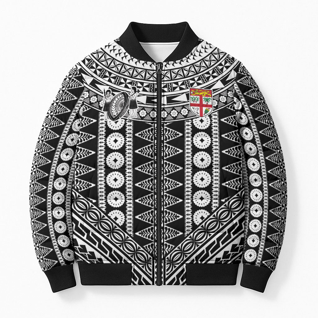 Fiji Custom Rugby National Heritage Bomber Puffer Jacket Black Traditional Masi Inspired LT9 Unisex Black - Polynesian Pride