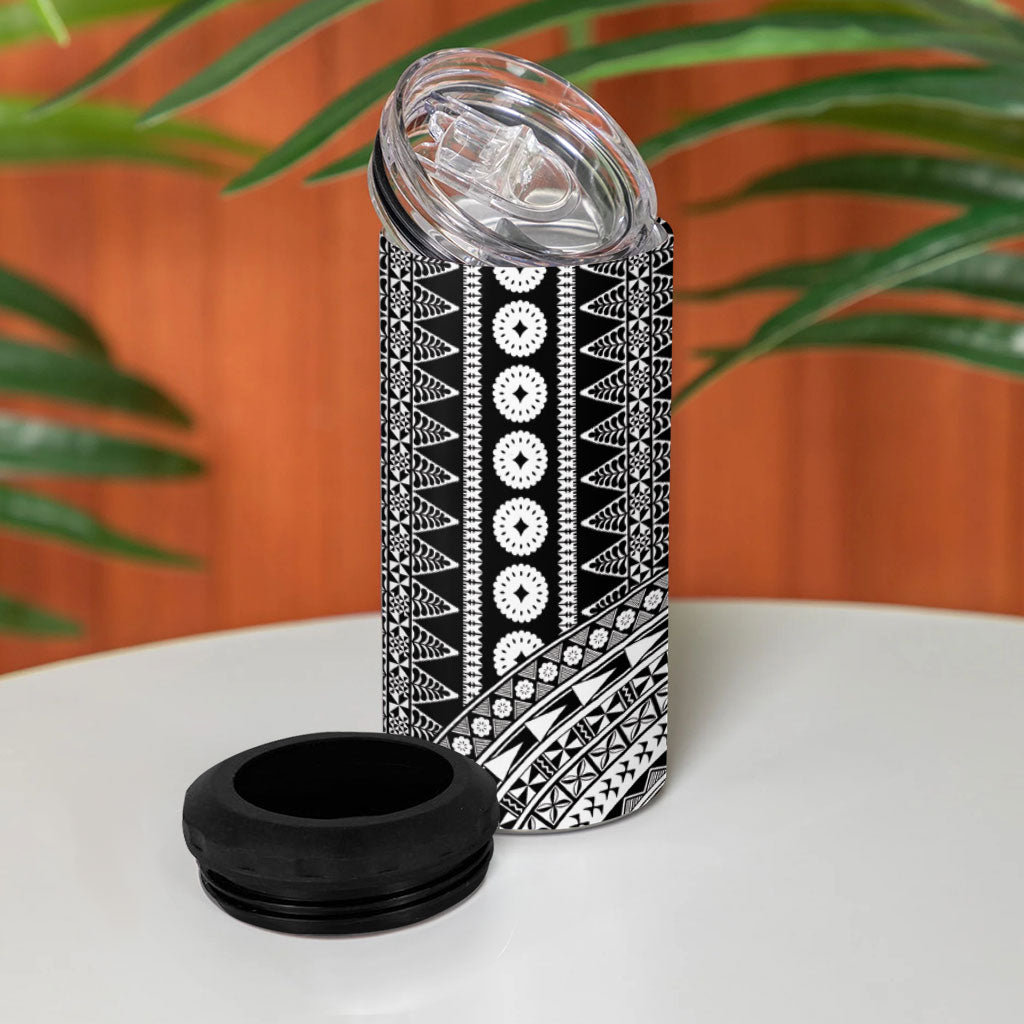 Fiji Custom Rugby National Heritage 4 in 1 Can Cooler Tumbler Black Traditional Masi Inspired