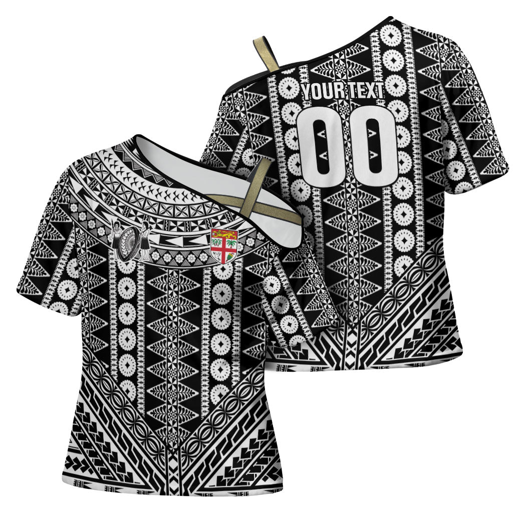 Fiji Custom Rugby National Heritage Cross Shoulder Shirt Black Traditional Masi Inspired