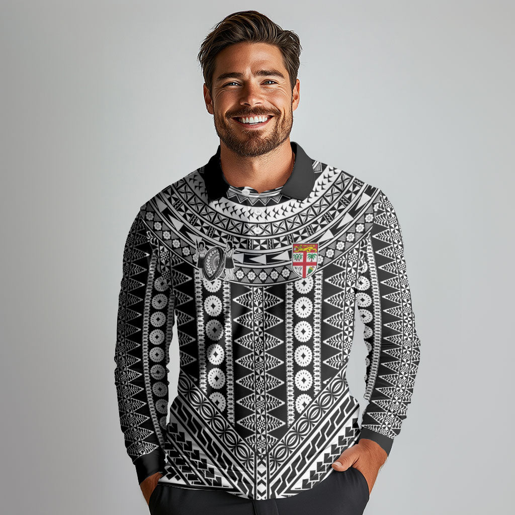 Fiji Custom Rugby National Heritage Long Sleeve Polo Shirt Black Traditional Masi Inspired