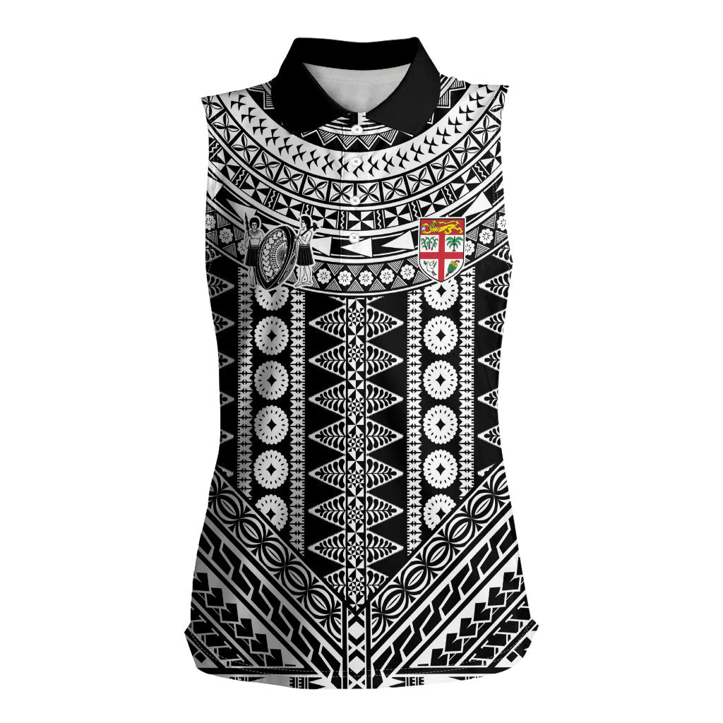 Fiji Custom Rugby National Heritage Women Sleeveless Polo Shirt Black Traditional Masi Inspired