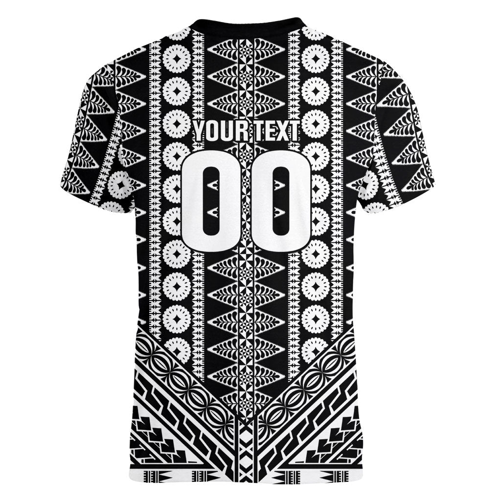 Fiji Custom Rugby National Heritage Women V-Neck T-Shirt Black Traditional Masi Inspired