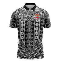 Fiji Custom Rugby National Heritage Zipper Polo Shirt Black Traditional Masi Inspired