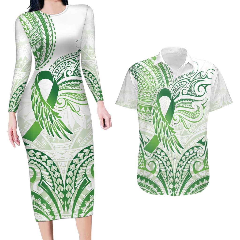 Its Okay Green Ribbon Personalised Couples Matching Long Sleeve Bodycon Dress and Hawaiian Shirt Polynesian Depression Awareness