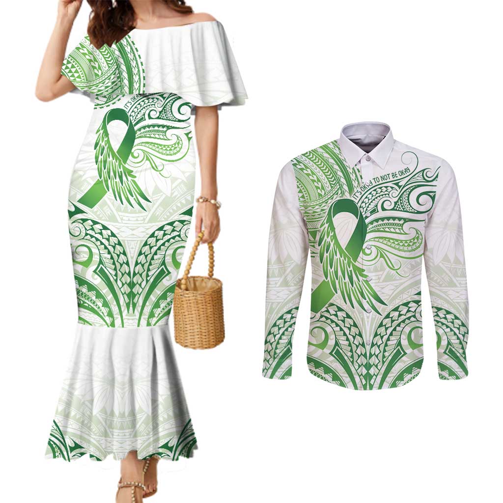 Its Okay Green Ribbon Personalised Couples Matching Mermaid Dress and Long Sleeve Button Shirt Polynesian Depression Awareness LT9 Green - Polynesian Pride