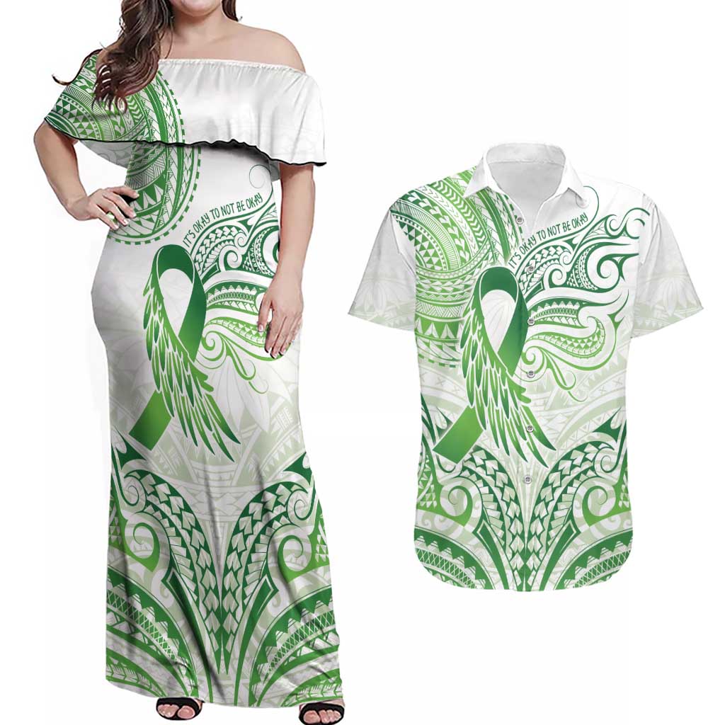 Its Okay Green Ribbon Personalised Couples Matching Off Shoulder Maxi Dress and Hawaiian Shirt Polynesian Depression Awareness