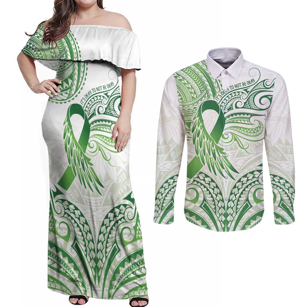 Its Okay Green Ribbon Personalised Couples Matching Off Shoulder Maxi Dress and Long Sleeve Button Shirt Polynesian Depression Awareness LT9 Green - Polynesian Pride