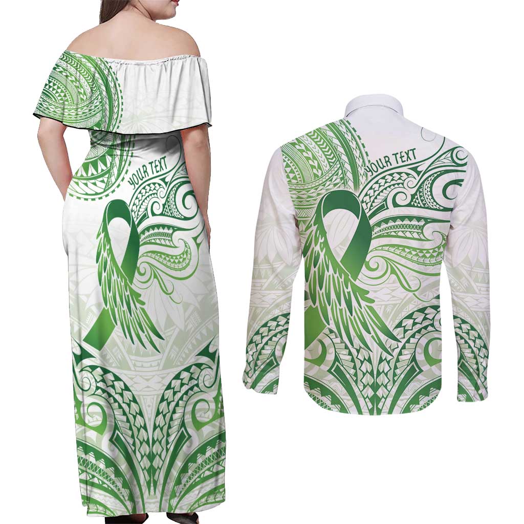 Its Okay Green Ribbon Personalised Couples Matching Off Shoulder Maxi Dress and Long Sleeve Button Shirt Polynesian Depression Awareness LT9 - Polynesian Pride