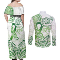 Its Okay Green Ribbon Personalised Couples Matching Off Shoulder Maxi Dress and Long Sleeve Button Shirt Polynesian Depression Awareness LT9 - Polynesian Pride