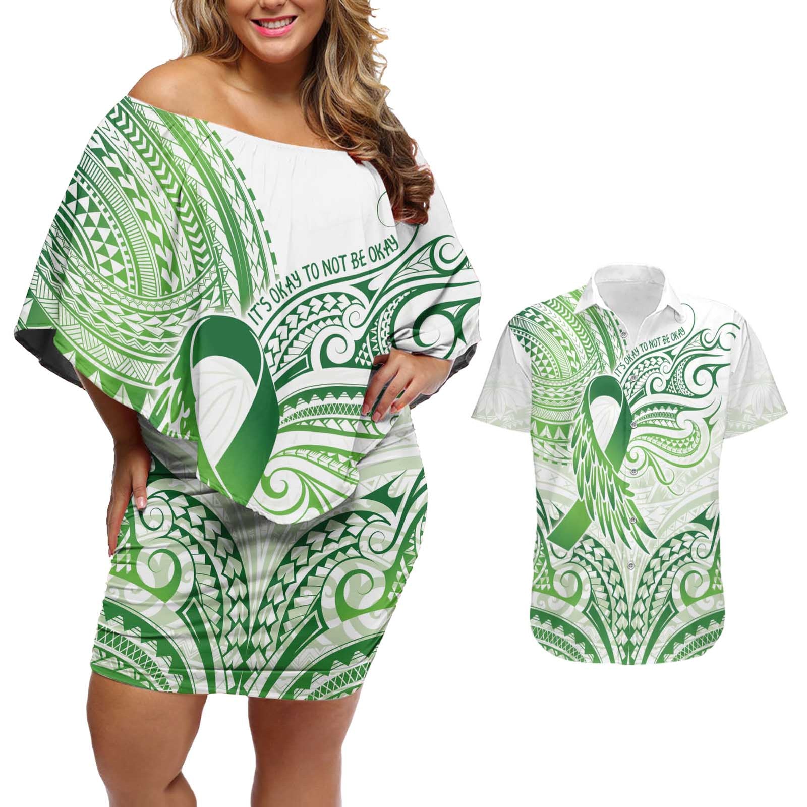 Its Okay Green Ribbon Personalised Couples Matching Off Shoulder Short Dress and Hawaiian Shirt Polynesian Depression Awareness LT9 Green - Polynesian Pride